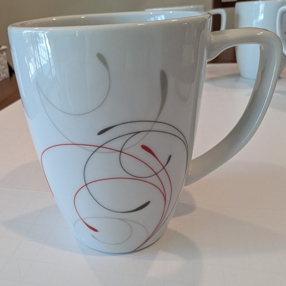 Corelle Coordinates Splendor Porcelain Mugs Set of 4 White Red Grey Swirl Design